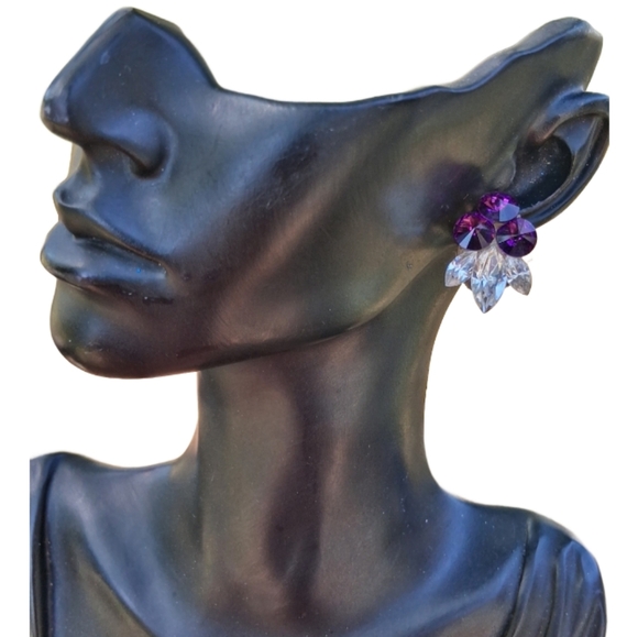 Vintage Glam Clip-On Earrings Purple & Clear Rhinestones 50s Style - Picture 2 of 4